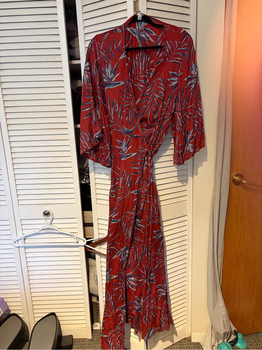 Amuse Society Red Maxi Dress with Blue Leaf Pattern